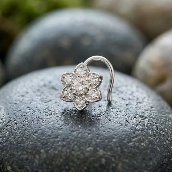 925 Silver Floral Diamond Nose Pin for Women & Girls