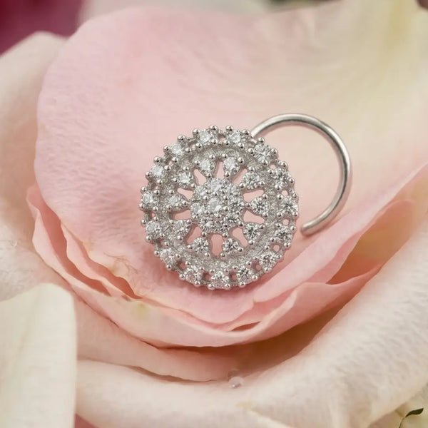 925 Silver Round Floral Pattern Nose Pin for Women