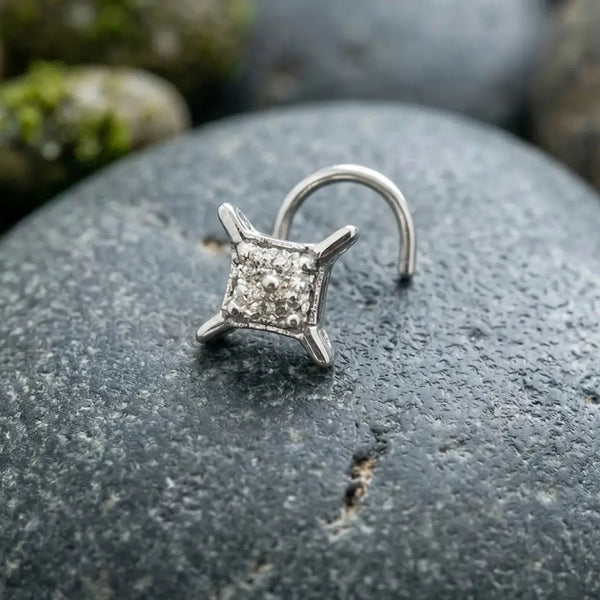 925 Silver Square Diamond Nose Pin for Women & Girls