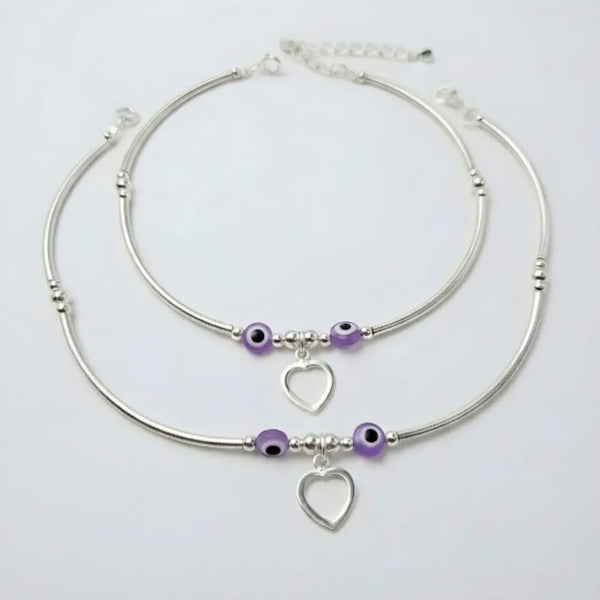 Stylish Silver Anklet with Purple Evil Eye Beads and Heart Charm