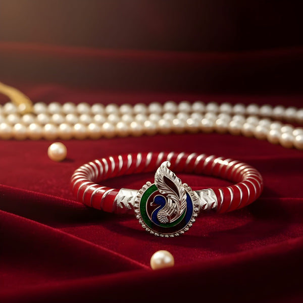 Bangali Traditional Silver Pola Bracelet with Peacock Design